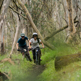 Two cyclists enjoying riding Dinner Plain Mountain Bike Park's singletrack trails
