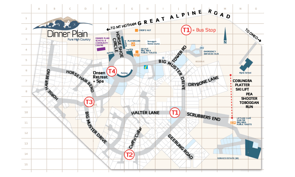 Dinner Plain Bus Stops A map of the Dinner Plain bus stops